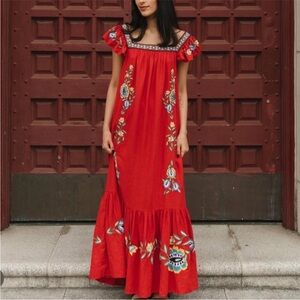 Farm Rio Red Floral Embroidered Maxi Dress